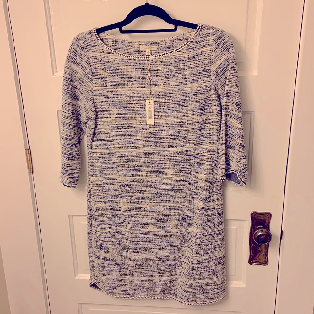 Max studio boucle type sweater dress, cream, blue and black pattern size small
